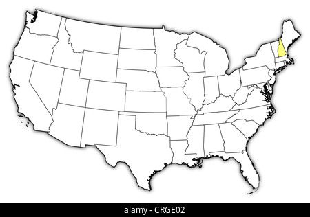 Politische Landkarte der USA mit den mehrere Staaten wo New Hampshire markiert ist. Stockfoto
