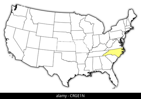 Politische Landkarte der USA mit den mehrere Staaten North Carolina wo markiert ist. Stockfoto