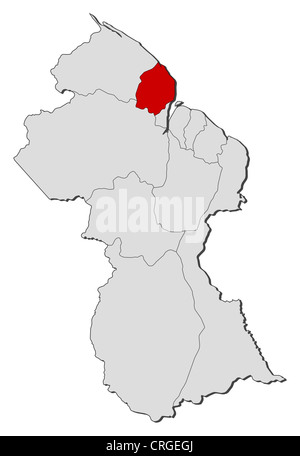 Politische Karte von Guyana mit mehreren Regionen wo Cuyuni Mazaruni markiert ist. Stockfoto