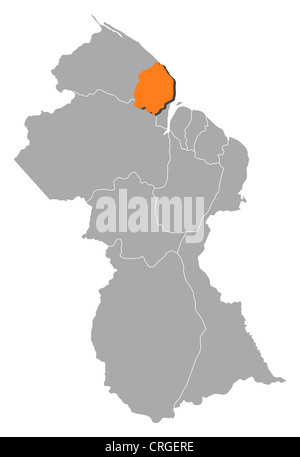 Politische Karte von Guyana mit mehreren Regionen wo Cuyuni Mazaruni markiert ist. Stockfoto