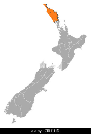 Politische Karte von Neuseeland mit mehreren Regionen wo Northland markiert ist. Stockfoto