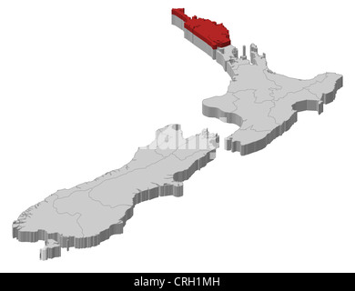 Politische Karte von Neuseeland mit mehreren Regionen wo Northland markiert ist. Stockfoto