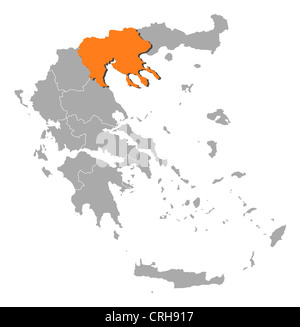 Politische Karte von Griechenland mit den mehrere Staaten wo Zentralmakedonien markiert ist. Stockfoto