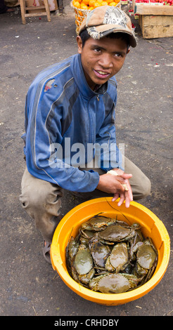 Krabben Sie-Verkäufer showin seine waren, Markt Analakely, Antananarivo, Madagaskar Stockfoto