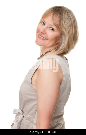 Seite Portrait glücklich lächelnde attraktive Reife Frau isoliert Stockfoto
