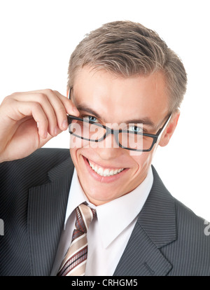 Mann im Büro Kleidung auf einem weißen Hintergrund Stockfoto