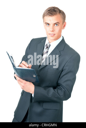 Mann im Büro Kleidung auf einem weißen Hintergrund Stockfoto