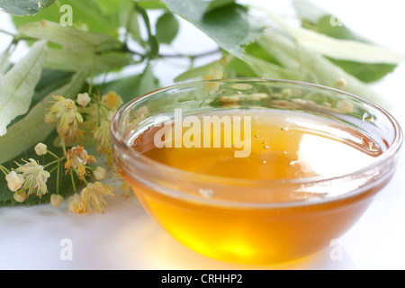 Goldener Honig in einer durchsichtigen Schüssel. Lindenblüten Stockfoto
