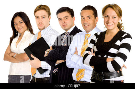 junge Geschäftsleute, die in einer Reihe mit einer Frau an der Spitze Stockfoto