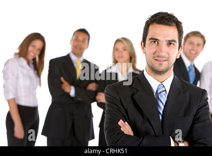 junger Geschäftsmann stand vor seinem team Stockfoto