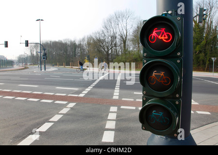 rotes Fahrrad-Ampel mit Radfahrern im Hintergrund, Deutschland Stockfoto