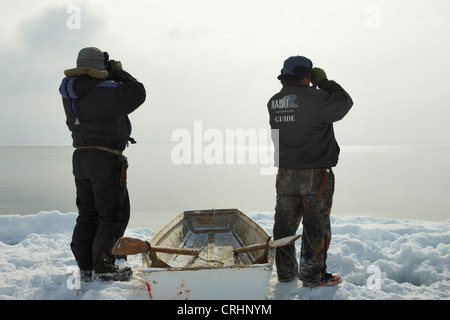 zwei Inuit Eichmeister stehend auf dem Eis stand neben ihrem Ruderboot und Ausschau auf dem offenen Wasser mit Fernglas, Grönland, Ostgroenland, Tunu, Kalaallit Nunaat, Scoresbysund, Kangertittivag, Kap Tobin, Ittoqqortoormiit Stockfoto