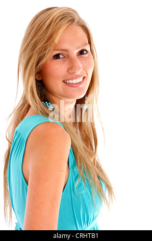 schöne junge blonde Frau in einem blauen Kleid, Lächeln Stockfoto