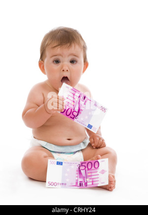 Baby mit Geld, als Symbol für Kindergeld Stockfoto