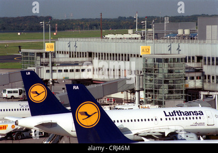 Lufthansa-Flugzeuge am Flughafen Düsseldorf Stockfoto