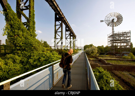 Mann auf einem Steg im Landschaftspark Duisburg-Nord mit Windrad, Duisburg, Ruhrgebiet, Nordrhein-Westfalen, Deutschland Stockfoto