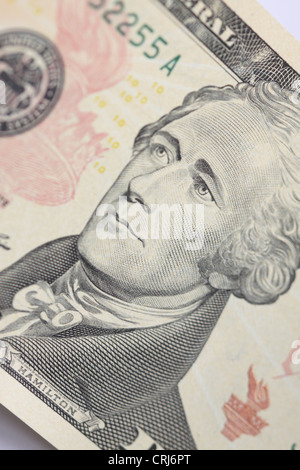 Alexander Hamilton der erste Sekretär des US-Finanzministeriums Porträts auf einer 10 US-Dollar Bill note Stockfoto