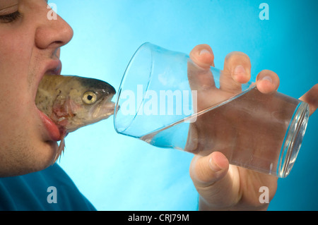 Ein fischig Cocktail. Junger Mann mit einem Fisch im Maul trinkt aus einem Glas Wasser. Wasser, das Elixier des Lebens und ein Fisch, die primäre Quelle von Omega-3, als ein wichtiger gesundheitlicher Vorteil angesehen. Stockfoto