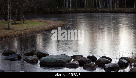 Erste Eisschicht auf einem Gartenteich, Finnland Stockfoto