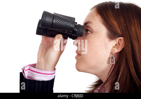 junge Geschäftsfrau Blick durch ein Fernglas Stockfoto