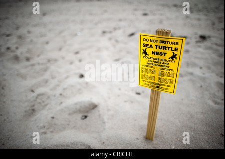 DELRAY BEACH, Florida, USA – Ein Warnschild markiert eine geschützte Meeresschildkröte, die im Sand am Delray Beach an Floridas östlicher Atlantikküste nistet. Das Schild informiert die Strandbesucher darüber, dass die Störung des Schildkrötennests gesetzlich verboten ist. Verstöße, die das geschützte Nistgebiet stören, werden möglicherweise mit Geldstrafen und Gefängnissen gemäß den Naturschutzvorschriften bestraft. Stockfoto