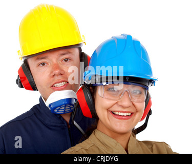 paar der Arbeiter mit Helms, Schutzbrille, Ohr Schutz und Maske Stockfoto