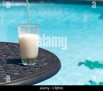 Schlichte Pint Glas Bier, sitzen am Tisch von blauen Swimmingpool gegossen Stockfoto