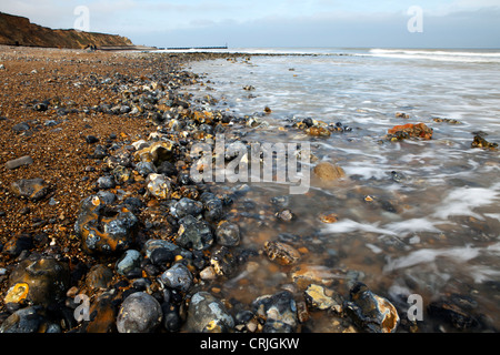 Feuerstein Kieselsteine säumen die Ufer eines Norfolk-Strandes. Stockfoto