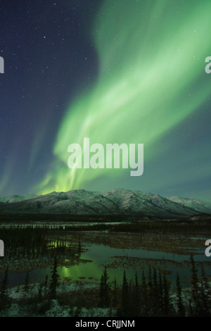 Aurora Borealis-Tanz in den Himmel über unbenannte Gipfel in der zentralen Brooks Range bei Mondaufgang, nördlich des Polarkreises, Alaska Stockfoto