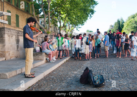 junger Mann spielen Geige auf ein Quadrat, Frankreich, Provence-Alpes-C Te d ' Azur, Avignon Stockfoto