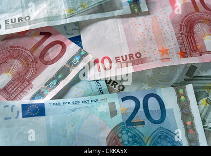 Euro-Banknoten auf fünf, zehn und zwanzig Euro Stockfoto