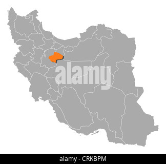 Politische Karte des Iran mit den verschiedenen Provinzen, wo Qom markiert ist. Stockfoto