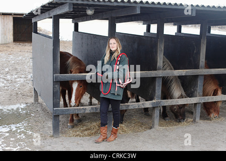 Frau, die Pferde in den Ställen tendenziell Stockfoto