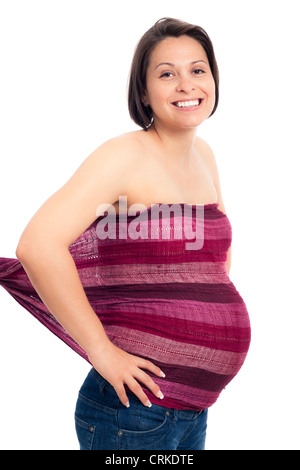 Porträt von glücklich lächelnde schwangere Frau, isoliert auf weißem Hintergrund. Stockfoto