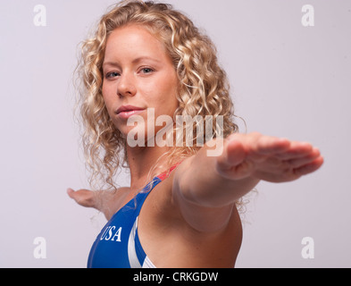 USA Olympische Taucher Bretagne Viola stellt bei der USOC Media Summit in Dallas vor den Olympischen Spielen 2012 in London Stockfoto