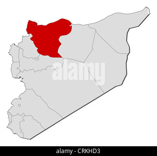 Politische Karte von Syrien mit den mehreren Provinzen wo Aleppo markiert ist. Stockfoto