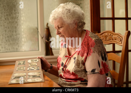 Eine ältere Dame, die Fotos in einem Album betrachten saß am Tisch Stockfoto