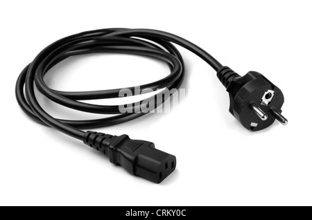 Black-Power-Kabel mit Stecker und Buchse isoliert auf weiss Stockfoto