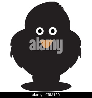 Minimalistischer schwarzer Karikaturvogel mit runden weißen Augen und einem kleinen orangen Schnabel, ideal für digitale Illustrationen, Ikonen und grafische Elemente Stockfoto