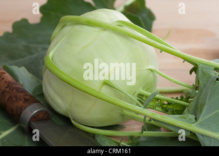 Frischer Kohlrabi auf Holzbrett mit großen Messer Stockfoto