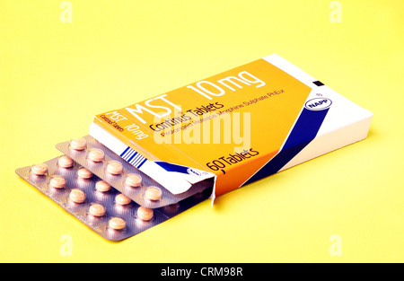 Offener Kasten von Morphin Sulfat Tabletten. Stockfoto