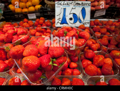 Bastkörbe Erdbeeren auf London Markt Stockfoto