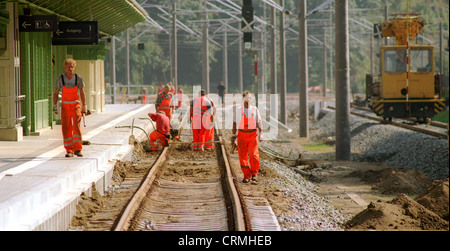 Dekonstruktion der zerstörten Eisenbahnverbindung (Dresd.-Chemn.) Nach der Flut in Sachsen Stockfoto