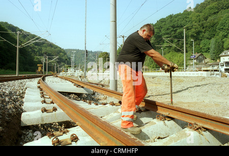 Dekonstruktion der zerstörten Eisenbahnverbindung (Dresd.-Chemn.) Nach der Flut in Sachsen Stockfoto