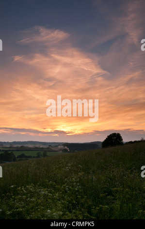 Rauch aus einem kleinen Lagerfeuer driften über Felder in der Brampton Tal in der Nähe von Brixworth bei Sonnenuntergang an einem Sommerabend, Northamptonshire, England. Stockfoto