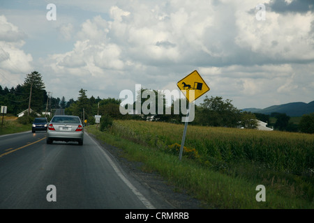 Verkehrszeichen Achtung von Pferd und Buggy Verkehrsteilnehmern Amish Central Pennsylvania, USA Stockfoto