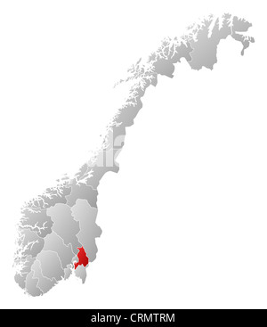 Politische Karte von Norwegen mit den Countys, wo Akershus markiert ist. Stockfoto