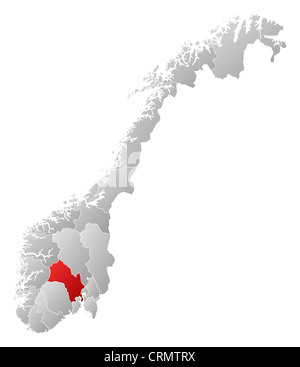 Politische Karte von Norwegen mit den Countys, wo Buskerud markiert ist. Stockfoto