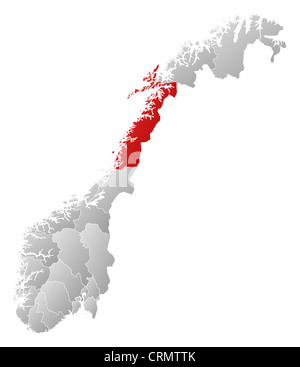 Politische Karte von Norwegen mit den Countys, wo Nordland markiert ist. Stockfoto