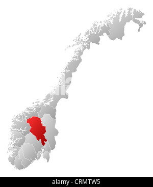 Politische Karte von Norwegen mit den Countys, wo Oppland markiert ist. Stockfoto